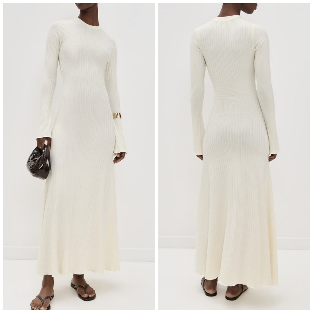 NEW LE BOP Crew Neck Ribbed Knit Cream Long Sleeve Maxi Dress Size Large